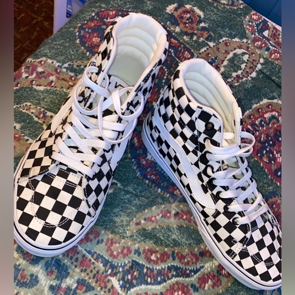 Checkered HighTop Vans, Womens 9, Black and White